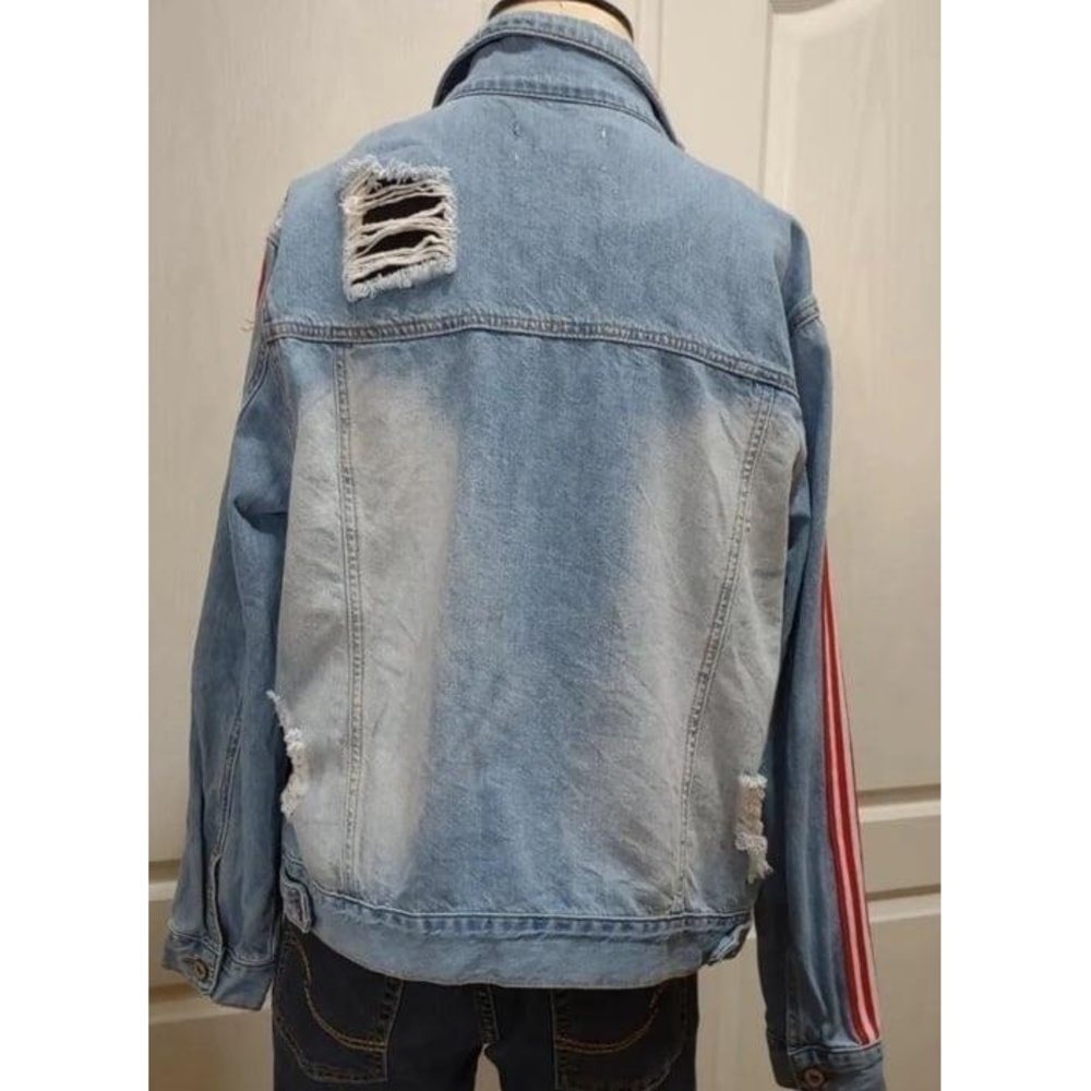KanCan Womens Denim Jacket M Light Blue Distressed Striped Streetwear - Picture 5 of 10